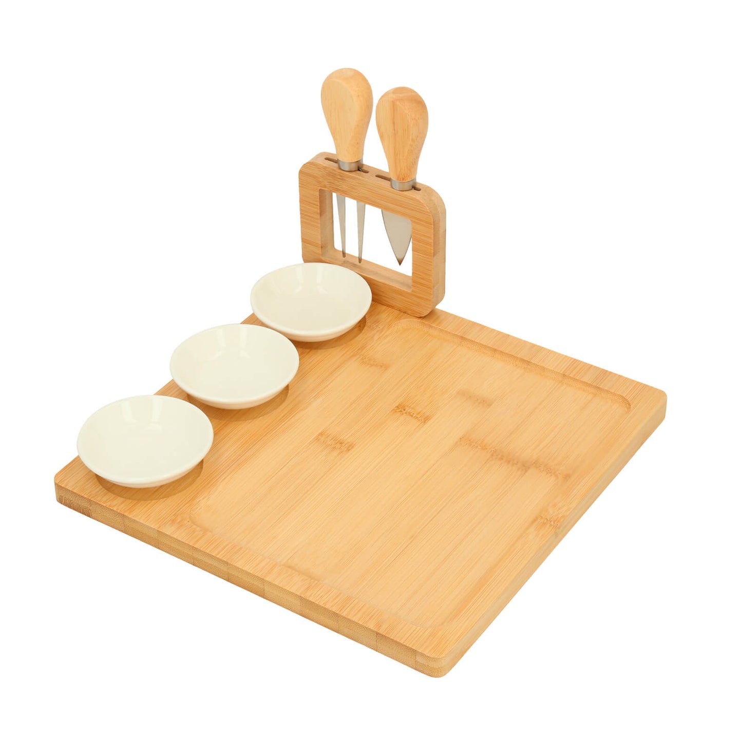 Tabla de Quesos de Bambú con 3 Platos, Cuchillo y Tenedor